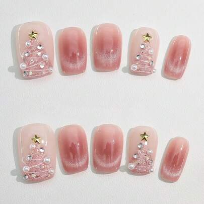 10 件圣诞指甲短方形，粉色圣诞树指甲，粉色猫眼闪亮甜美女孩 Y2k 美甲，手工佩戴指甲多种多样，适合女孩日常和节日穿着使用压指甲，假指甲