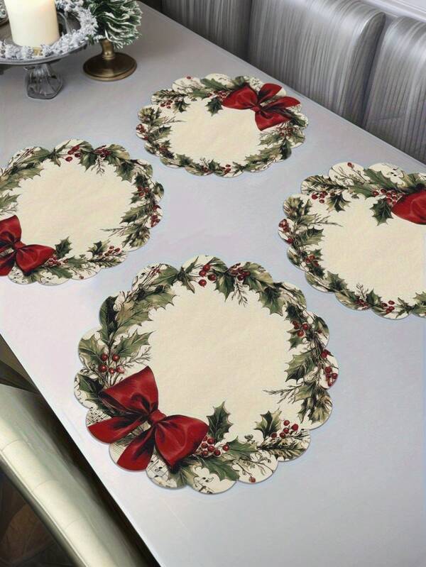 6pcs/4pcs/1pc Christmas Party Decoration Round Placemats - With Musical Notes, Red Bow And Garland Design, 15 Inches Linen Material, Non-Slip, Heat-Resistant, Machine Washable, Holiday Party Decoration Round Placemats, 15 Inches In Diameter, Party Kitchen Restaurant Decorations, Christmas Table Decorations, Suitable For Parties, Kitchens, Restaurants, Christmas Decorations, Party Favors, Holiday Decorations