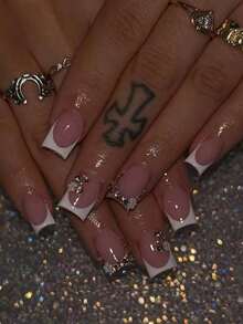 24pcs Rectangle Press-On Nails, White French Manicure With Rhinestone Decor, Elegant Full Coverage, Suitable For Women & Girls Summer Nails, Daily Wear, Nail Art Supplies - 白色 2 - 查看 7