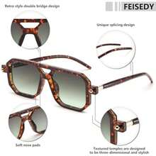 FEISEDY Vintage Square 70s Flat Aviator  Women Men Classic Retro Stylish Frame   B2622(021 Tortoise Frame & Gradient Grey Green Yellow Lens 52 Millimeters) - Type33 - 查看 5