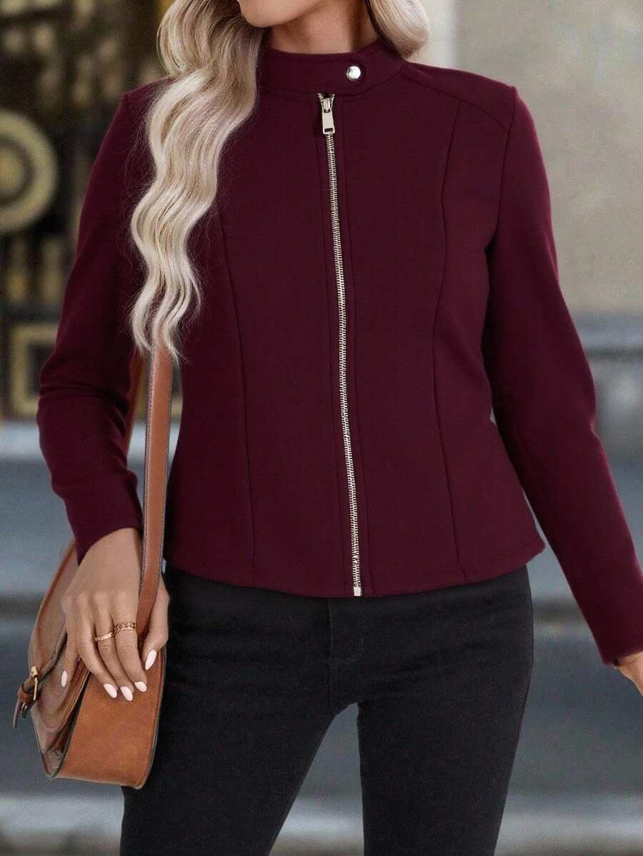 Chamarra invierno dama mujer corte corto tejido polar textura suave caliente calientito botones bolsillos manga larga cuello camisero recto casual día noche festival comida cena calle otoño invierno - Burdeos - Ver 1