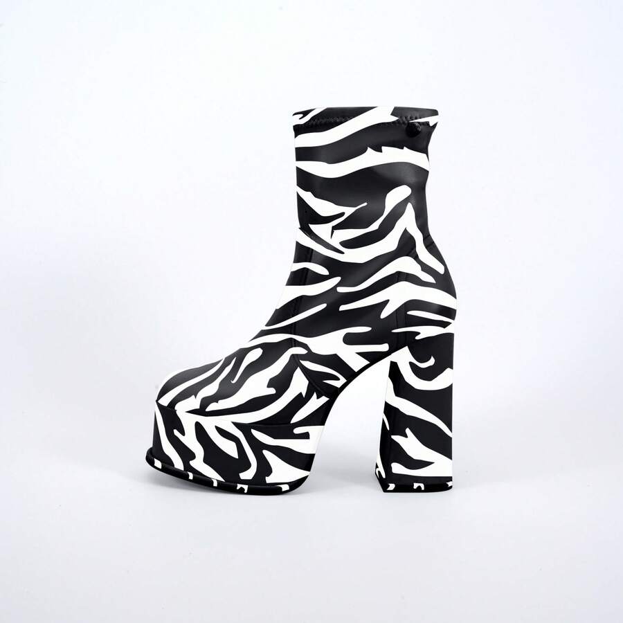 Women's Platform Ankle Boots - Chunky High Heel Side Zipper Booties For Party & Casual Wear - ZEBRA - View 1