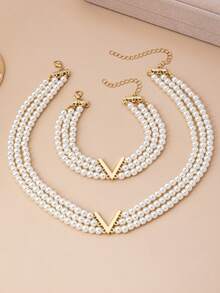 2pcs Elegant Minimalist Design Delicate Elegant Multi-Layer Faux Pearl Bracelet & Necklace Set, Suitable For Women's Daily Wear