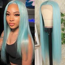 13x4 Free Part Mint Green Long Straight Lace Front Wigs Glueless Long Silky Straight Wigs Pre Plucked HD Lace 180% Density Light Green Wig Soft Free Part Wear And Go Lace Front Wigs For Fashion Women Party & Daily Wear 26 Inch - băng xanh - Xem 2
