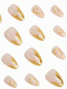 24pcs Short Almond Shaped Nail Tips, Modern Elegant 3D Gold Foil Wave Decor, Minimalist Classic Gold 3D Shiny Asymmetric Lines, Complete Fake Nail Set, Upgrade Your Style, Change Your Nails, Suitable For Daily Use And Music Festivals. Nail Art Supplies - Vàng - Xem 3