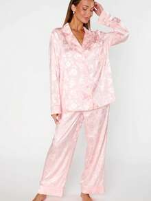 Women's Satin Floral Jacquard Pajama Set - Button-Down Top  Wide Leg Pants  Luxury Elegant Loungewear - 粉色 - 查看 5