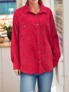 女式红色纽扣前长袖衬衫领衬衫，休闲梭织面料上衣，常规版型 - 紅色 - 查看 8