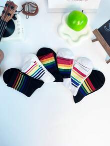 3 pares de calcetines a rayas de colores del arcoíris, calcetines transpirables de media pantorrilla, estilo callejero, adecuados para primavera, otoño e invierno