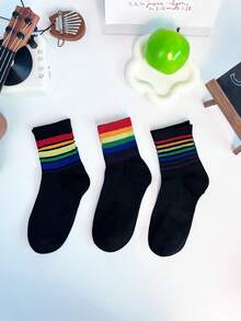 3 pares de calcetines a rayas de colores del arcoíris, calcetines transpirables de media pantorrilla, estilo callejero, adecuados para primavera, otoño e invierno