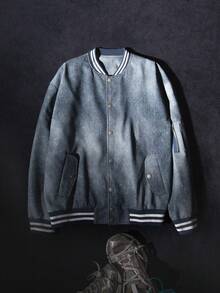 Patchwork Contrast Color Unisex Spring/Autumn Stand Collar Denim Jacket, Street Style Collegiate Casual Fashion Versatile Bomber Jacket With Pockets - Baby Blue - View 4