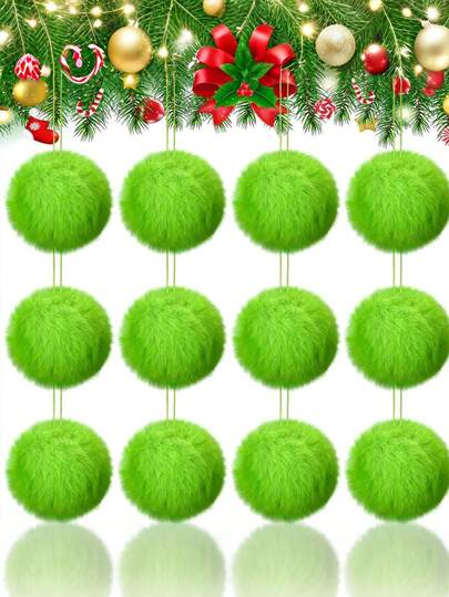 12 piezas Decoraciones de bolas de Navidad esponjosas de color verde lima, Decoraciones colgantes de árbol de Navidad verde, Decoraciones de bolas de peluche de piel sintética suave para suministros de fiesta en el hogar, decoración de repisa, pared, Decoración navideña interior para corona, chimenea, hogar, oficina, Adornos navideños, Colgantes navideños