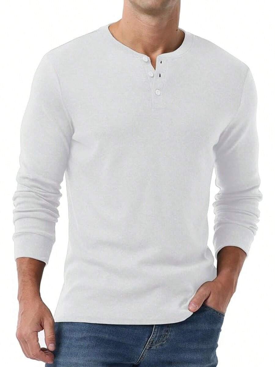 Men's Henley Long Sleeve Casual Classic Button Pullover Tee - Styles - 白色 - 查看 1