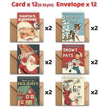 12pcs/24pcs Vintage Santa Claus & Reindeer Design Christmas Greeting Cards With Envelopes, Holiday & New Year Wishes, Chinese New Year Greetings, Christmas Winter Party Invitations, Christmas Decorations