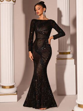 ADYCE Parıldayan Şık Siyah Omuz Uzun Kollu Yüksek Bel (Desen Pozisyonu Rastgele) ve Balo Doğum Günü Partisi Akşam Buluşması Mezuniyet Partisi Düğün Konuğu Resmi Akşam Yemeği Aile Festivali İçin Zemin Parti Elbisesi