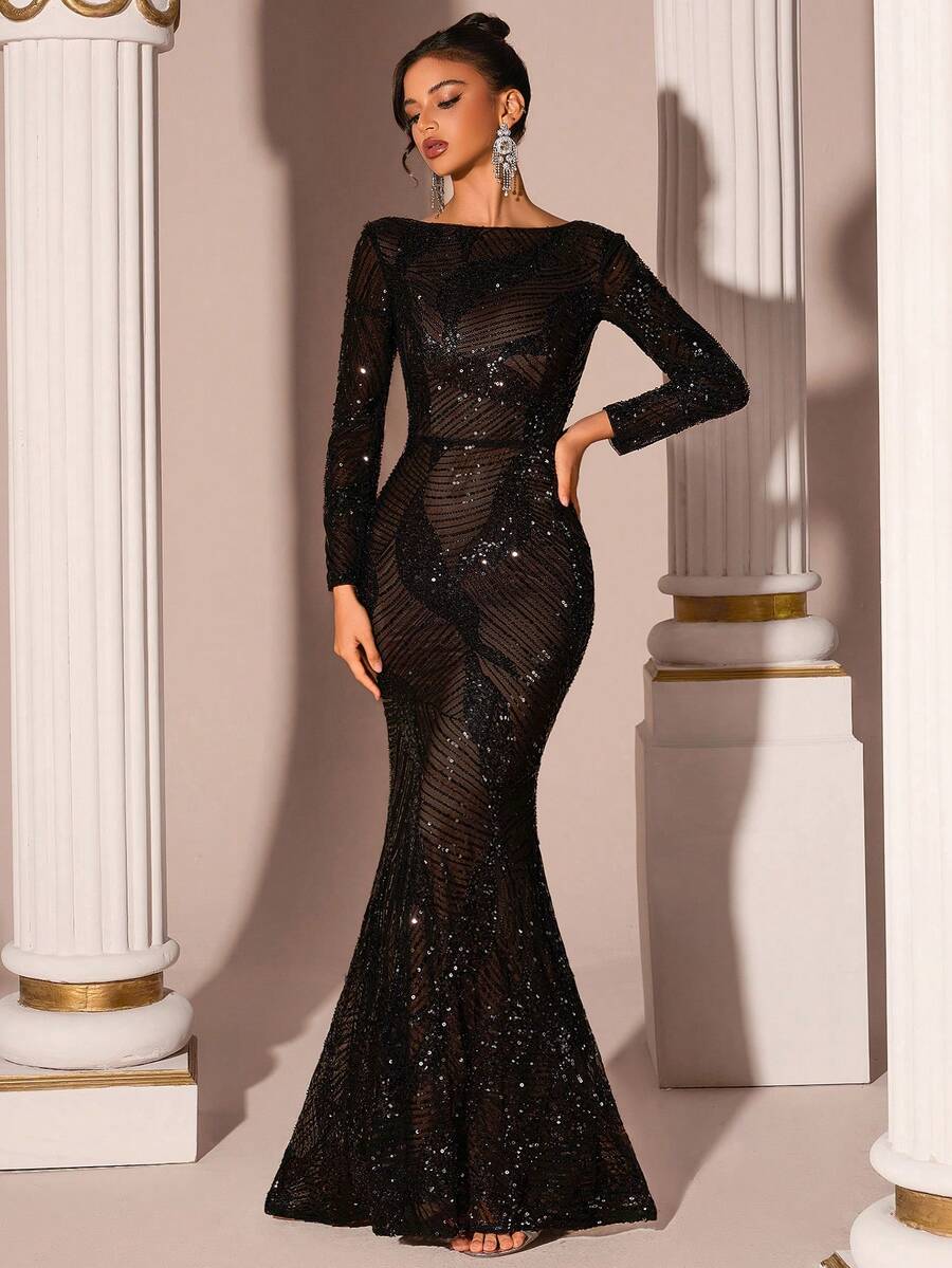 ADYCE Đầm maxi dài tay, trễ vai, eo cao màu đen bóng bẩy, thanh lịch (họa tiết ngẫu nhiên), thích hợp cho dạ hội, tiệc sinh nhật, tiệc tối trang trọng, hẹn hò, họp mặt gia đình, đám cưới, dạ tiệc sang trọng, v.v. Mùa xuân - màu đen - Xem 1