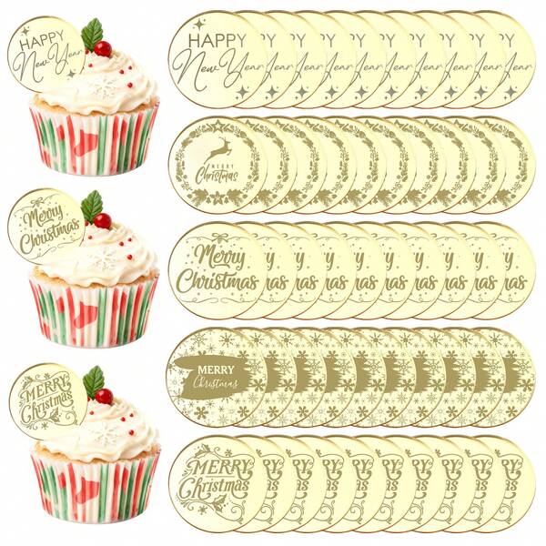 5pcs/10pcs/20pcs Golden Acrylic Merry Christmas CupCake Topper,For Christmas Party DIY Dessert Baking 2026 New Year Cake Decoration
