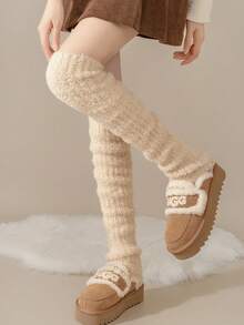 زوج من جوارب الساق الطويلة من الفليس المرجاني، دافئة وسميكة للخريف/الشتاء، حماية للركبة