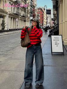 Christmas HoloChill Women Young Influencer Casual Style Colorblock Striped Crew Neck Pullover Knit Sweater, Autumn/Winter 2025 New Year