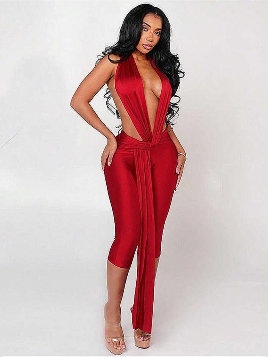 Women's Shiny Sexy Halter Backless Ribbon Tight High Waist Seven-Inch Pants Jumpsuit - 紅色 - 查看 1