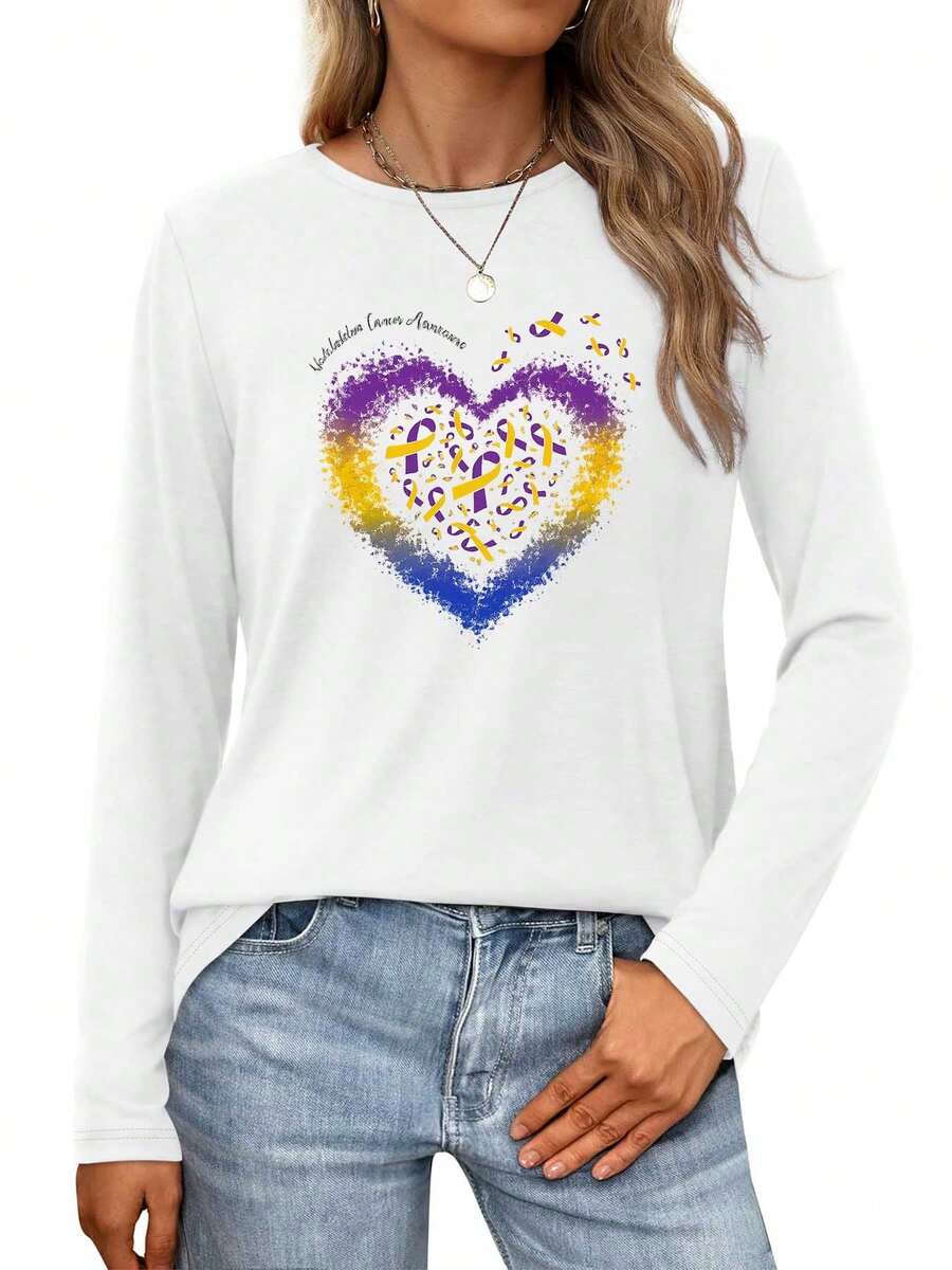 Purple And Yellow Ribbons Forming A Heart For Neurofibromatosis AwarenessWomens Long-Sleeve Crewneck T-Shirt - 白色 - 查看 1