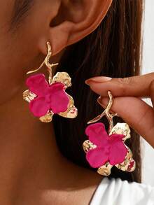 Small Niche Design, Rose Red Contrasting Asymmetrical Flower Shaped Earrings, Fashionable Earrings, Women's Gathering Holiday Gifts, The Best Gift For Female Friends