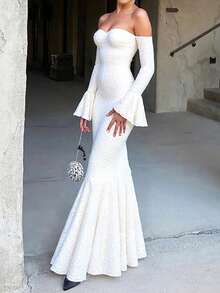 Women's Elegant Off Shoulder Backless Fitted Dress With Flare Sleeves