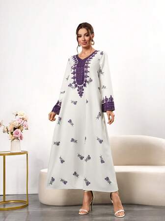 Ladies' Dress With Elegant Positioning, Printed V-Neck Long Sleeved Simple And Long Style Dress For Daily Spring And Autumn