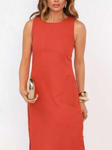 Linen Midi Dress With Pockets And Discreet Side Slit Linen Pocket Evening Holiday Wedding Office Birthday Party - 珊瑚粉 - 查看 4