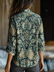 Plus Size Women's Retro Floral Printed Fashionable Shirt,Front Chest Dual Pocket Design Women Blouse - 綠色 - 查看 2