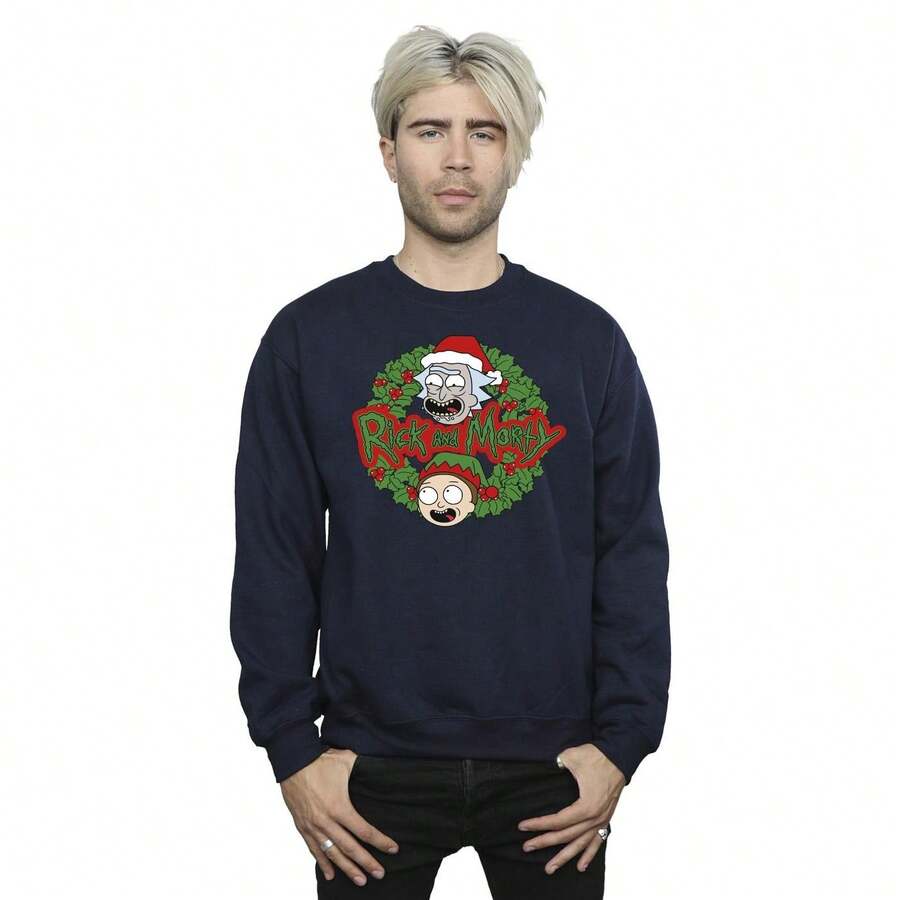 RICK AND MORTY Mens Christmas Wreath Sweatshirt (Navy Blue) - Blue - View 1