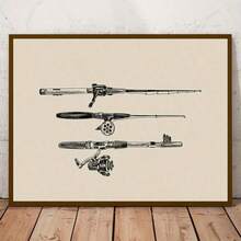 1 Pc Canvas Painting, Retro Sea Fishing Rod Wooden-Framed Painting , Wooden Framed Art,High Quality ,Thickness 2.25cm/1inch  Wall Art Prints Poster Direct Hanging Decor For Home Gifts,Living Room, Bathroom, Bedroom, Kitchen,Bar,Office,2D Plane - 卡其色 - 查看 1