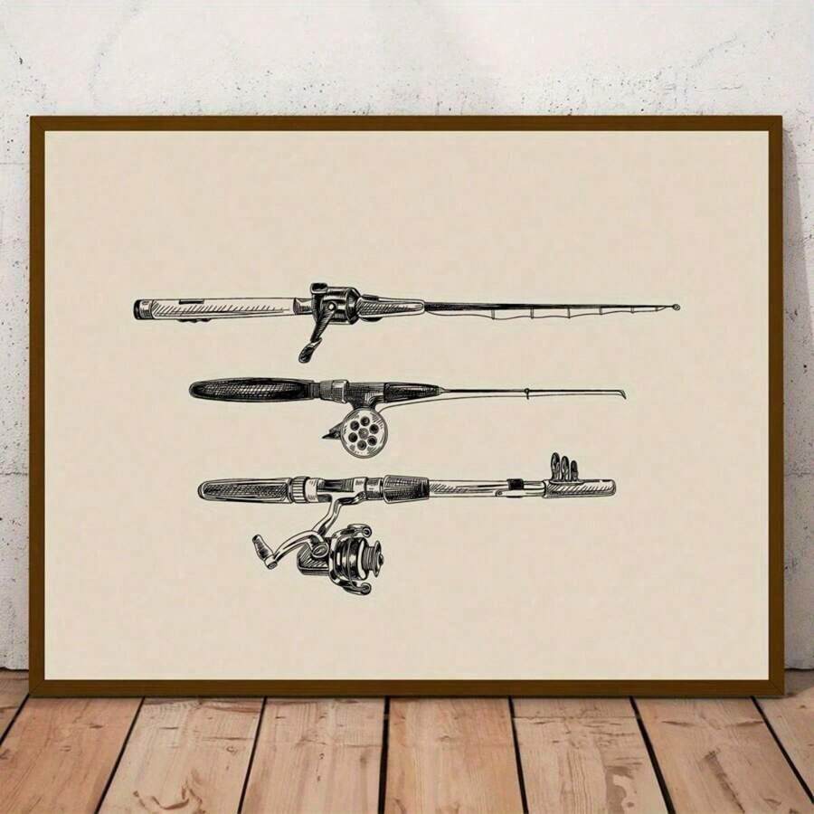 1 Pc Canvas Painting, Retro Sea Fishing Rod Wooden-Framed Painting , Wooden Framed Art,High Quality ,Thickness 2.25cm/1inch  Wall Art Prints Poster Direct Hanging Decor For Home Gifts,Living Room, Bathroom, Bedroom, Kitchen,Bar,Office,2D Plane - 卡其色 - 查看 1