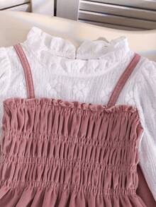 女婴秋季服装蕾丝花边圆领泡泡袖二合一T恤和裤子套装 - 藕粉色 - 查看 3