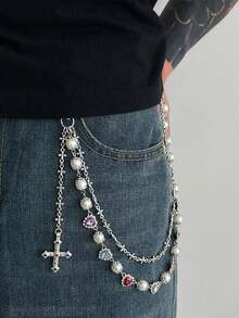 1pc Vintage Luxurious Multi-Color Rhinestone Cross Pants Chain, Men's Hip Hop Charm Body Chain, Used For Pants Decoration - Vàng - Xem 2