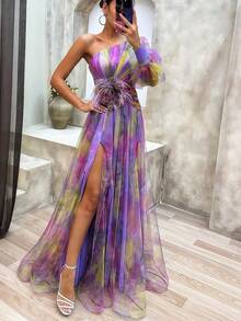 Magic Mia One-Shoulder Maxi Gown - 3D Hand-Sewn Feather Floral Applique Mesh Dress With High Slit & Fully Lined, Long Sleeves | Formal Evening Dress For Garden Parties/Beach Galas, Elegant And Romantic Style - 紫色 - 查看 2