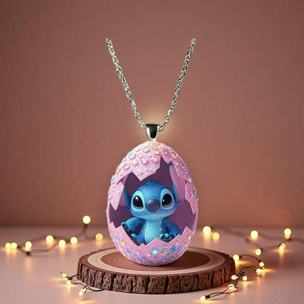 1 Necklace, 2D Acrylic Egg-Shaped Pins, Fashion Sweater Chain, Stitch Necklace, Birthday Party Classic Gift (Random Chain)