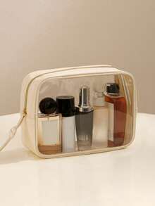Geantă cosmetică mică transparentă pentru poșetă, geantă de machiaj mini transparentă pentru școală, geantă de machiaj transparentă drăguță pentru călătorie, geantă mică din piele albă pentru machiaj, geantă de toaletă, geantă pătrată impermeabilă cu fermoar, penar, geantă de ruj, geantă de machiaj, potrivită pentru studenți și uz zilnic, cadouri pentru prieteni și iubite.