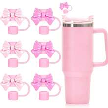 Tapas de pajita de paja con lazo, lindos protectores de pajita rosa con lazo, reutilizables y portátiles para cubrir pajitas de 0.4 pulgadas, accesorios para tazas - Rosa - Ver 2