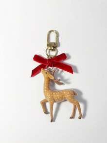 冬季植绒鹿蝴蝶结可爱吊坠、钥匙扣配件、包包饰物圣诞礼物 - 彩色 - 查看 1
