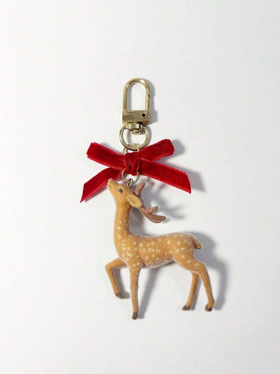冬季植绒鹿蝴蝶结可爱吊坠、钥匙扣配件、包包饰物圣诞礼物 - 彩色 - 查看 1
