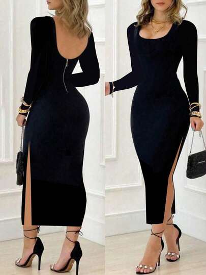 Elegant Bodycon Dress For Women - Square Neck Long Sleeves Back Zipper, Perfect For Spring/Fall Events, Machine Washable Polyester Blend, Open Back Design Bodycon Dress.