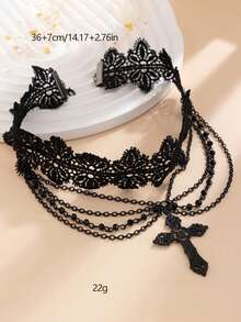 1pc Gothic Style Black Lace Choker Necklace With Cross Pendant & Tassels, Vintage Fashion Collar Necklace