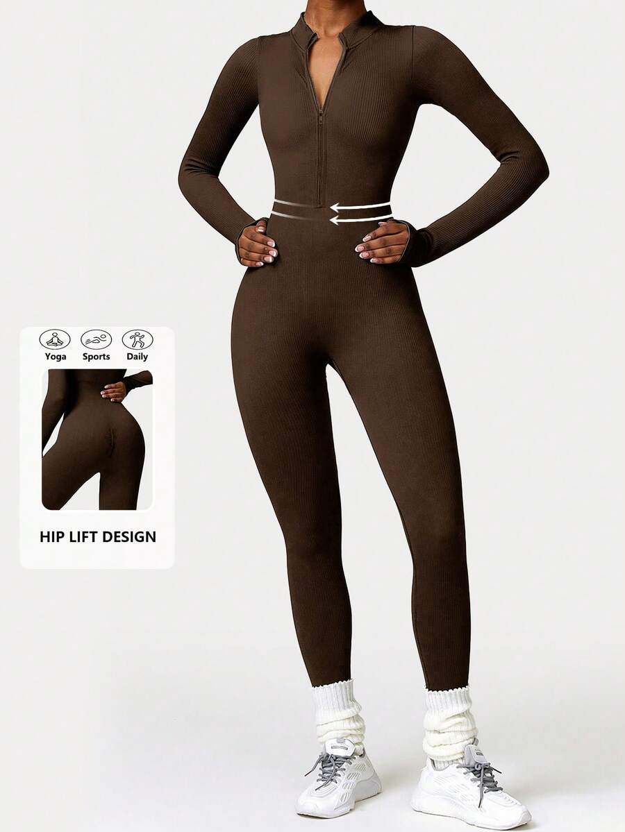 DINBEY Jumpsuit Yoga Lengan Panjang Warna Polos untuk Wanita - Jumpsuit Pembentuk Tubuh untuk Aktivitas Luar Ruangan dengan Resleting dan Fungsi Pengontrol Perut, Mengangkat Bokong dan Melangsingkan Tubuh di Musim Semi