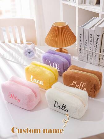 Customized Plush Cosmetic Bag, Personalized Name Text Makeup Bag Toiletry Bag, Large Capacity Multi-Layer Organizer Bag For Cosmetics & Tools, Zipper Portable Storage Bag, Gift For Girlfriend, Birthday Gift