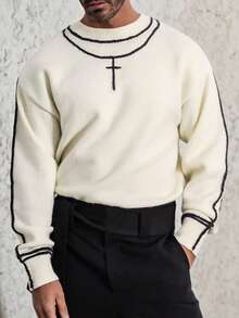 Men's Cross Pattern Crew Neck Long Sleeve Pullover Sweater, Fall/Winter