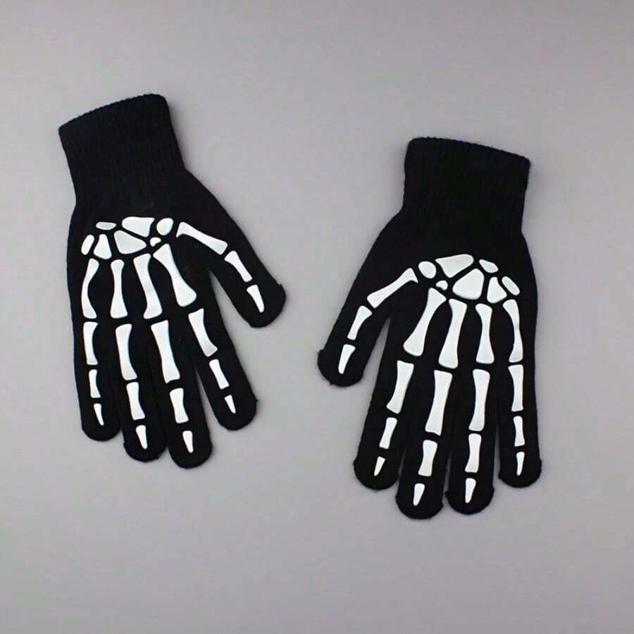 A Pair Of Fluorescent Skull And Bones Design Gloves - 20% Spandex / 80% Nylon Stretch Fashion Couple Gloves, Gloves Suitable For Halloween Dresses, Parties And Theme Events