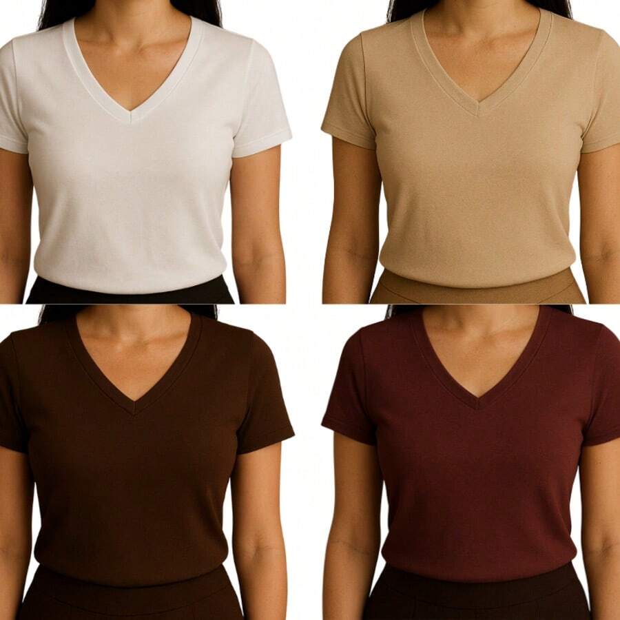 Kit Of 4 Basic V-Neck Short Sleeve Ribbed Blouses - White, Beige, Brown, Wine - View 1