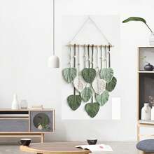 ديكور جداري أوراق معلقة على الحائط، تابستري بوهيمي ديكور حائط منسوج بريش وخيوط يدوية مع شرابات، ديكور حائط فني منسوج للحضانة والغرفة والصالة ومنزل الشقة (أخضر فاتح)