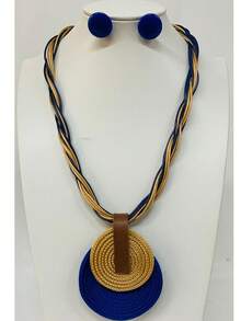Braided Wire Necklace Set With Double Pendant + Resin Button Earrings – Sophistication In Every Detail. - Royal Blue - View 1