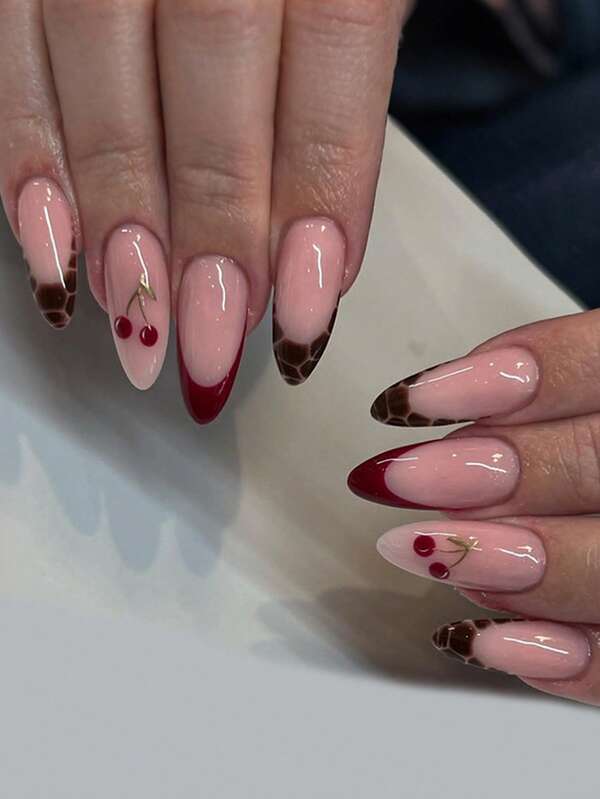 24pcs French Red Press On Nails 3D Cherry False Nails Short Fake Nails Almond Shape Nails Art Manicure Set Includes 1sheet Adhesive Tabs & 1pc Mini File Perfect For Everyday Wear